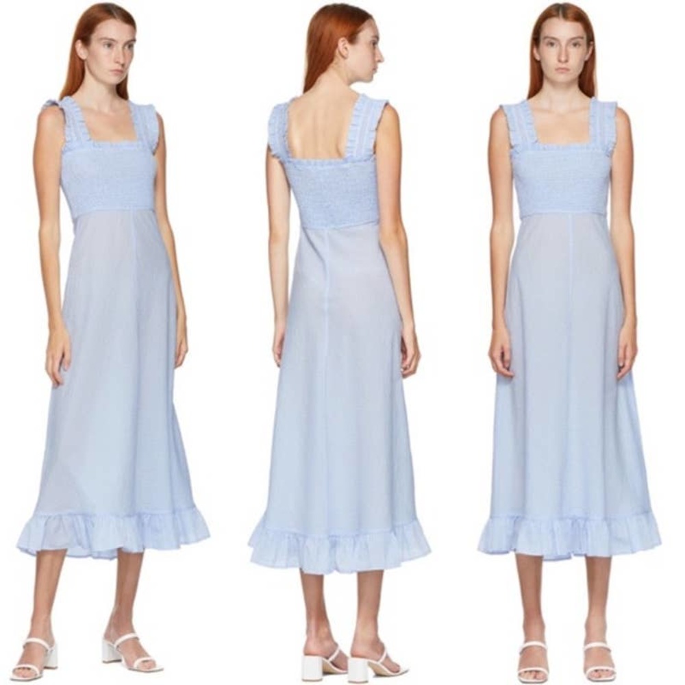 Ganni Seersucker Check Midi Dress in Blue / White Size Small